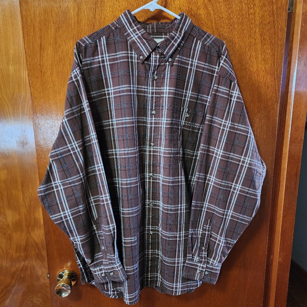Men's XXL Wrangler Rugged Wear Brown/White Plaid Long Sleeve Button Down Shirt
